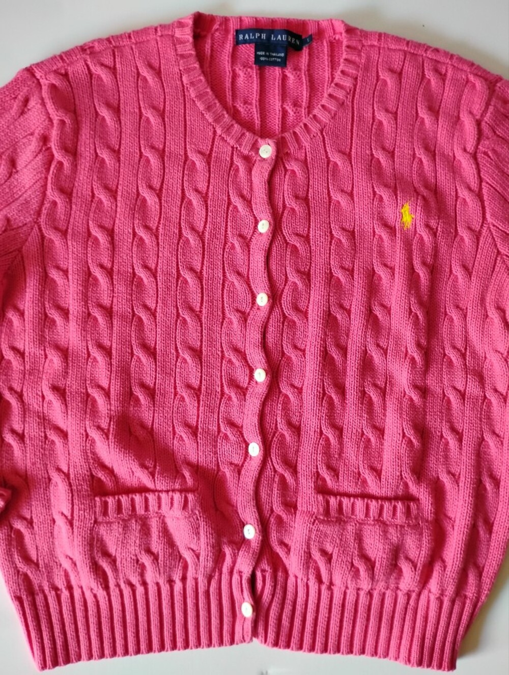 Ralph Lauren Cotton Cable Knit Cardigan Sweater Pink Pockets Classic Colorful Lg - Picture 4 of 8